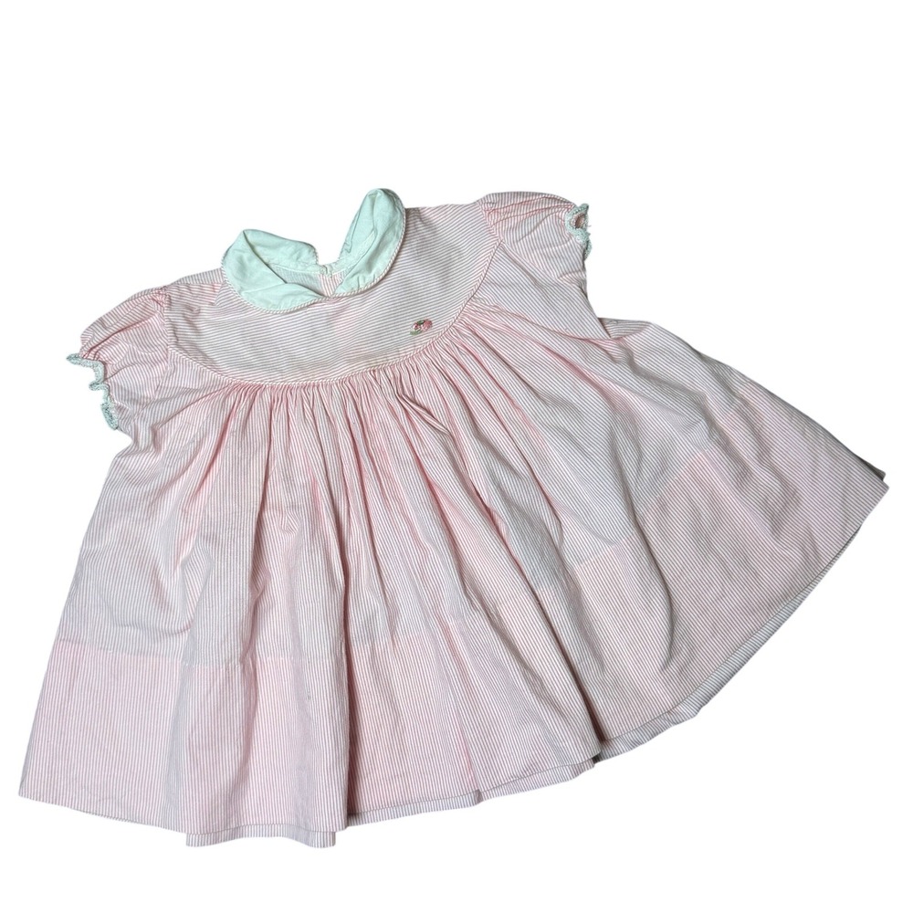 Vintage Pink White Seersucker Striped Peter Pan Collar Dress Baby 12m READ‎